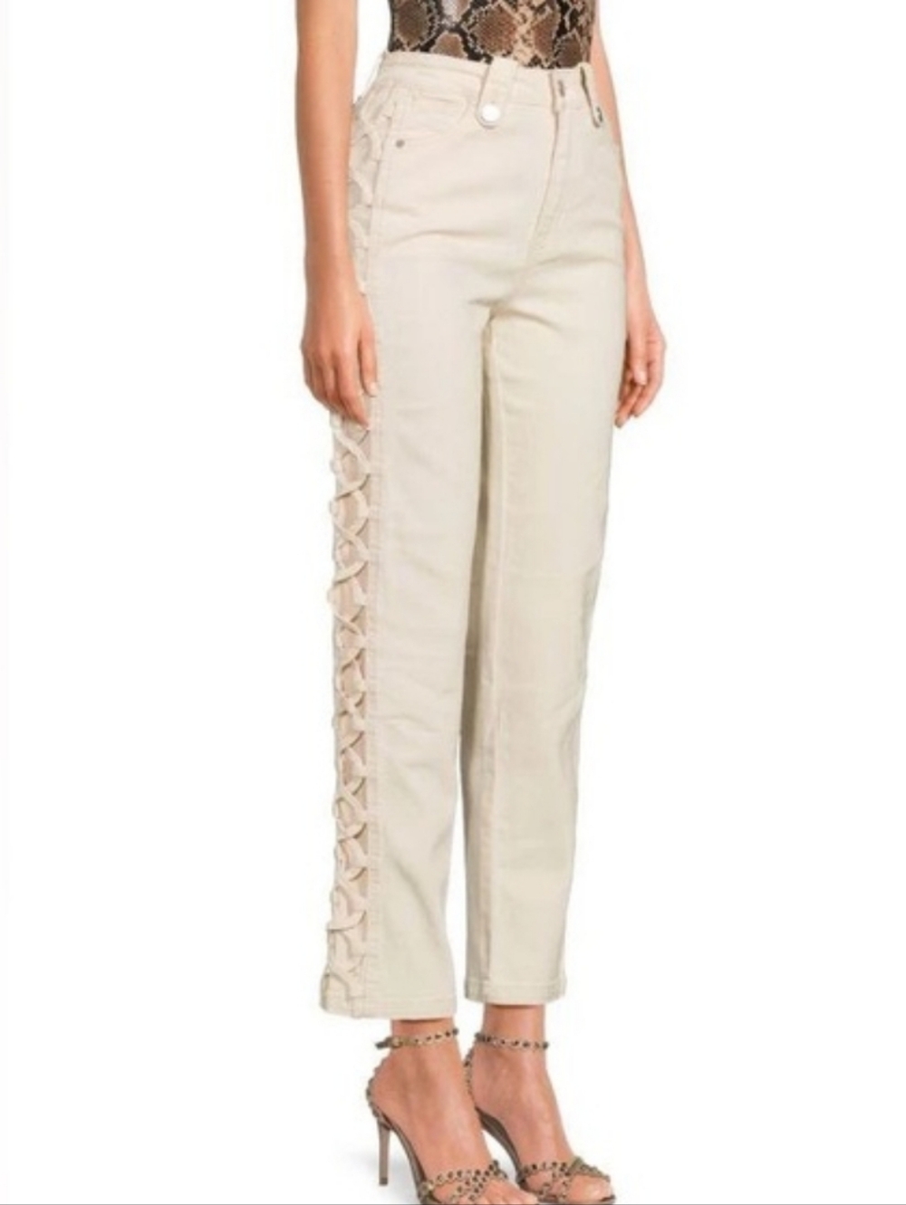 Habitual Side Lace Up High Rise Straight Leg Jeans Cream Off-White Size 6/28